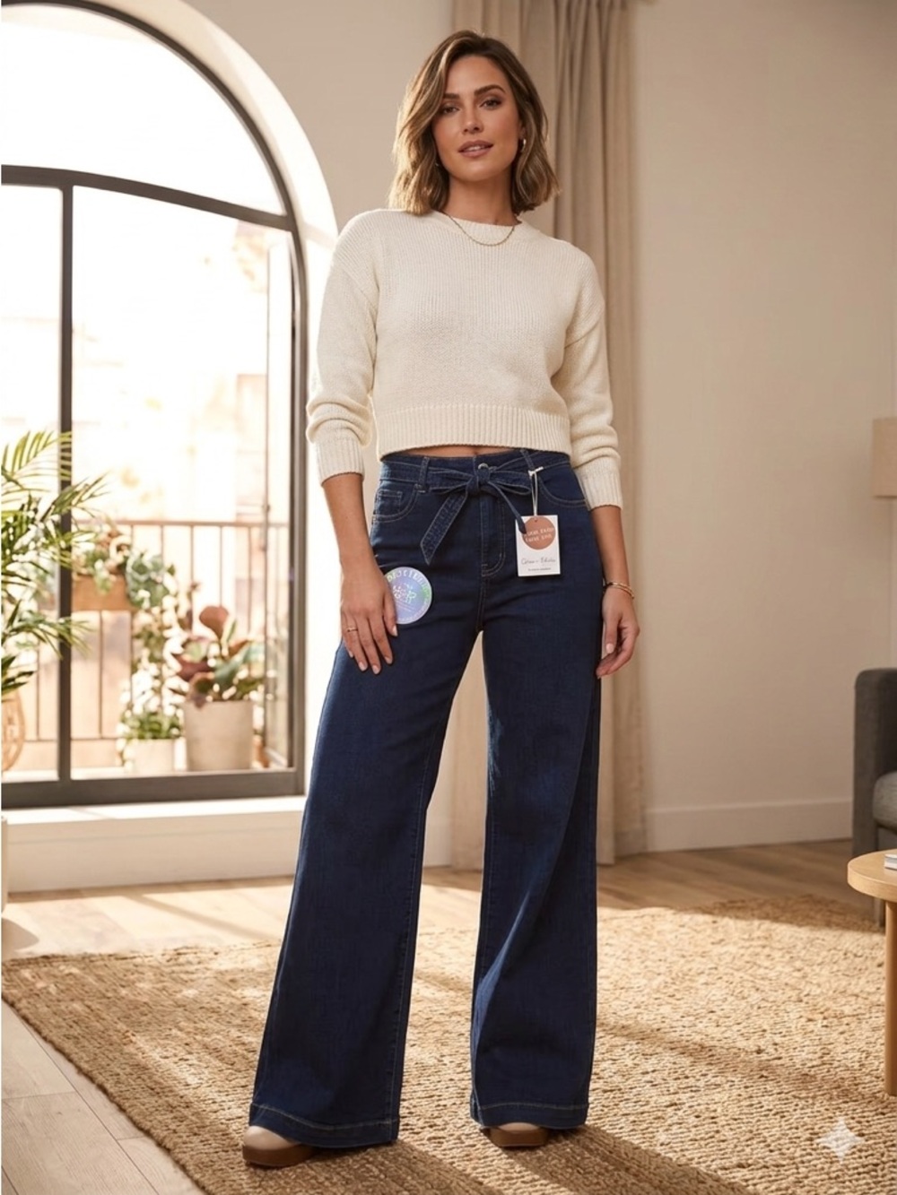 High-Rise Wide-Leg Jeans with Self-Tie Belt - Dark Blue size 10 for women